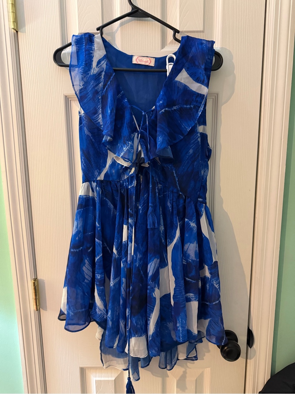 Blush Blue and White Ruffle Tie-Front Mini Dress